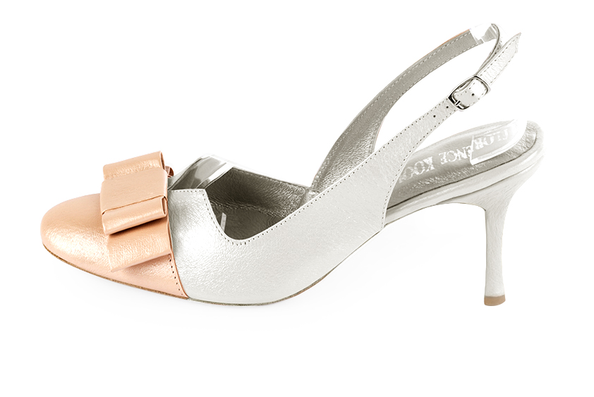 Powder pink and off white women's open back shoes, with a knot. Round toe. High slim heel. Profile view - Florence KOOIJMAN